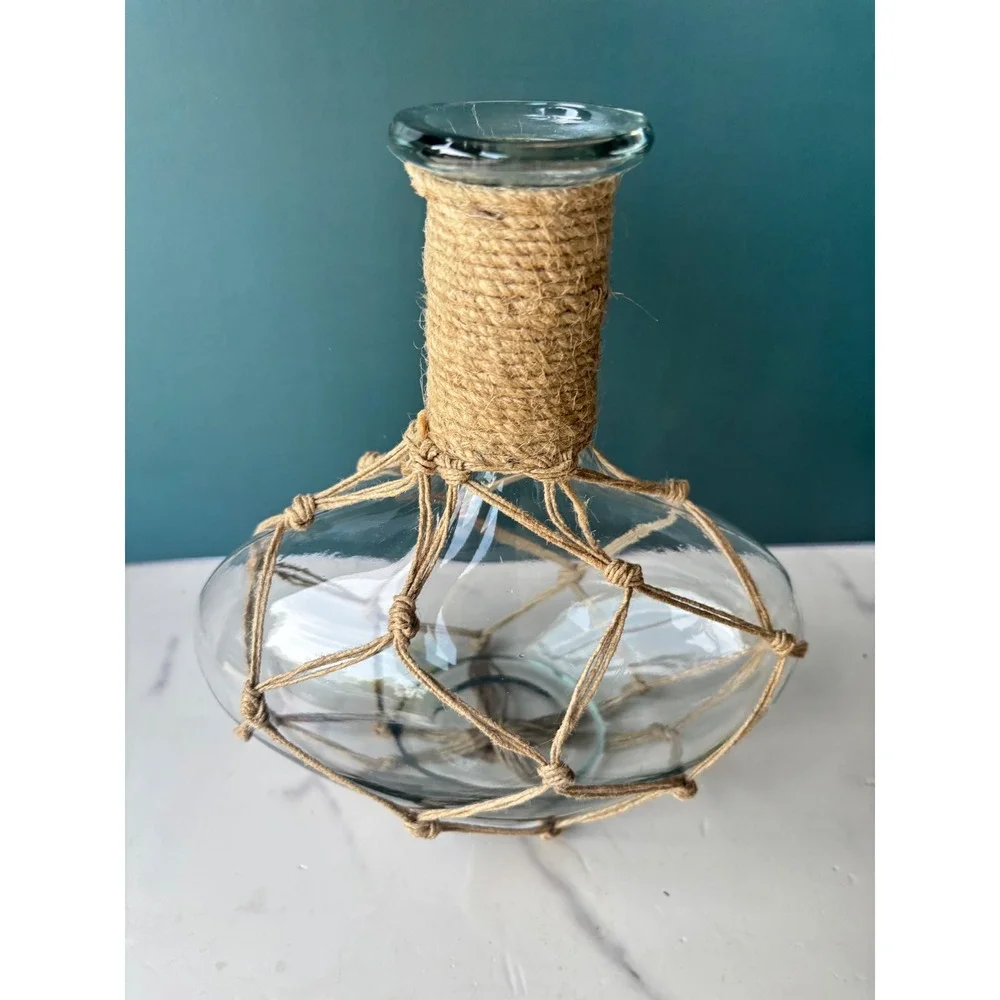 Nautical Glass Vase Jute Rope Wrapped Net Coastal Beach House Decor Centerpiece